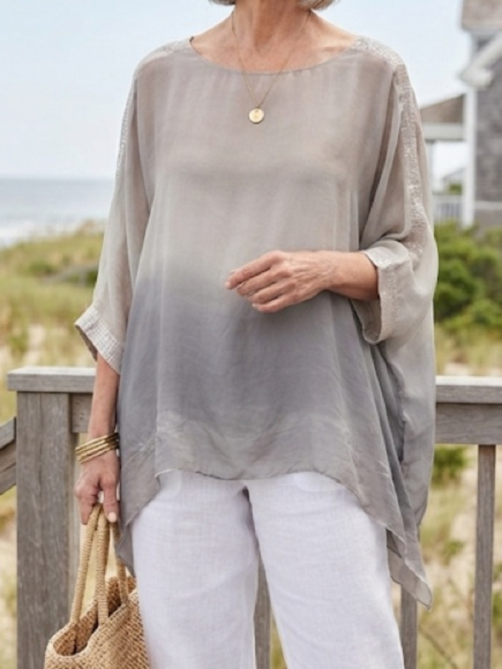 Prontomoda Silk Dolman Sleeve Oversized Silk Blouse Ombre Pink Grey Size Small